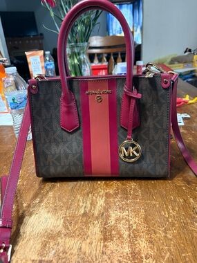 Michael Kors Brown Logo Satchel with Pink and Fuchsia Stripes
